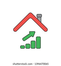 Vector icon concept of sales bar graph moving up under house roof. Black outlines and colored.