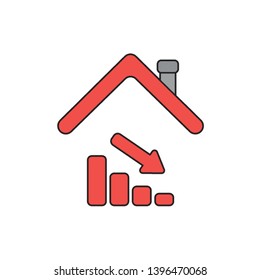 Vector icon concept of sales bar graph moving down under house roof. Black outlines and colored.