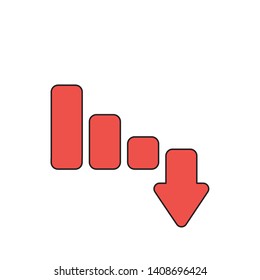 Vector icon concept of sales bar graph arrow moving down. Black outlines and colored.