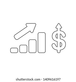 Vector icon concept of sales bar graph with dollar moving up. Black outlines.