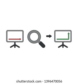 Vector icon concept of sales chart arrow moving down with magnifying glass and moving up. Black outlines and colored.