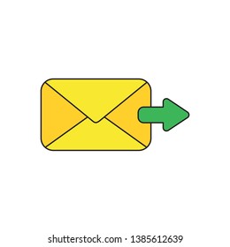 Vector icon concept of send message or email with envelope and green arrow moving right. Black outlines and colored.