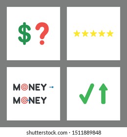 Vector icon concept set. Dollar and question mark, five stars, money with bulls eye and dart hit he target, check mark and arrow up.