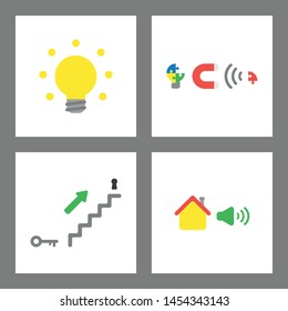 Vector icon concept set. Light bulb, puzzle, missing piece, key unlock and house with sound.