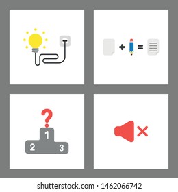 Vector Icon Concept Set. Light Bulb Plugged Into Outlet, Paper And Pencil, Qustion Mark At First Place Of Winners Podium, Sound Off Symbol.