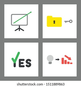 Vector icon concept set. Sales arrow moving out of chart, unlock or lock folder, yes with check mark, bad idea and decrease in sales.