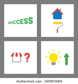 Vector icon concept set. Successs stairs, painting house, store with question mark, light bulb and arrow up.