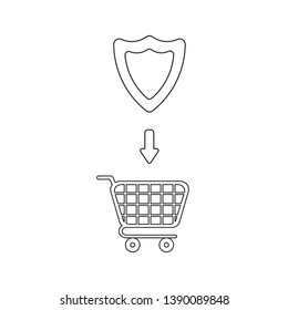 Vector icon concept of shield guard into shopping cart. Black outlines.