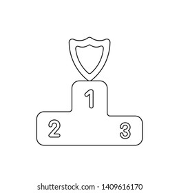Vector icon concept of shield on first place of winners podium. Black outlines.