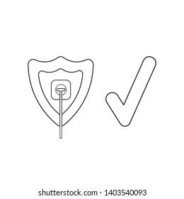 Vector icon concept of shield with plug plugged into outlet with check mark. Black outlines.