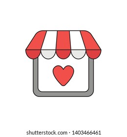 Vector icon concept of shop store with heart. Black outlines and colored.