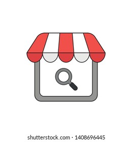 Vector icon concept of shop store with magnifying glass. Black outlines and colored.