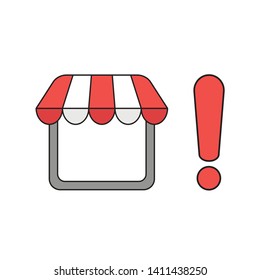Vector icon concept of shop store with exclamation mark. Black outlines and colored.