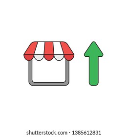 Vector icon concept of shop stpre with green arrow moving up. Black outlines and colored.