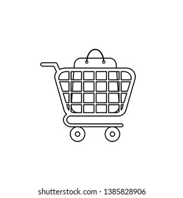 Vector icon concept of shopping bag inside shopping cart. Black outlines.