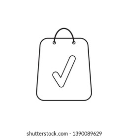Vector icon concept of shopping bag with check mark. Black outlines.