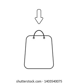 Vector icon concept of shopping bag with arrow. Black outlines.