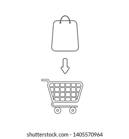 Vector icon concept of shopping bag inside shopping cart.