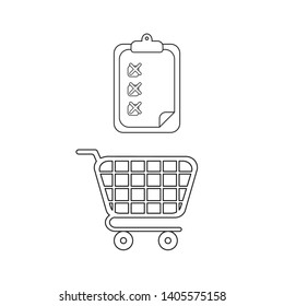 Vector icon concept of shopping cart with clipboard and x marks.