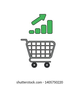 Vector icon concept of shopping cart with bar graph moving up. Black outlines and colored.