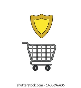 Vector icon concept of shopping cart with guard shield. Black outlines and colored.