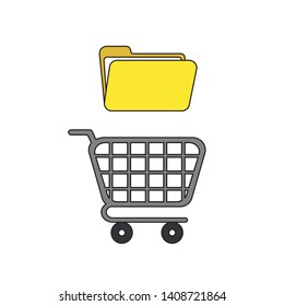 Vector icon concept of shopping cart with opened file folder. Black outlines and colored.