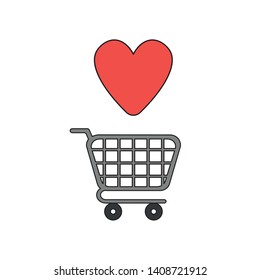Vector icon concept of shopping cart with heart. Black outlines and colored.