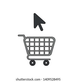 Vector icon concept of shopping cart with mouse arrow cursor. Black outlines and colored.