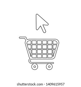 Vector icon concept of shopping cart with mouse cursor. Black outlines.