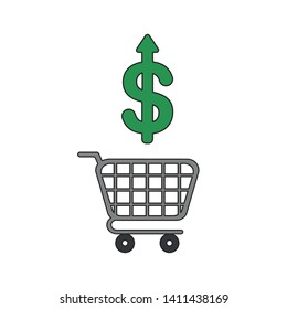 Vector icon concept of shopping cart with dollar symbol arrow moving up. Black outlines and colored.