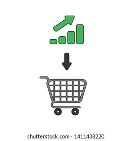 Vector icon concept of shopping cart with bar graph moving up. Black outlines and colored.