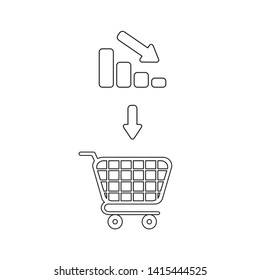 Vector icon concept of shopping cart with bar graph down. Black outlines, white background.