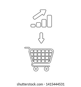 Vector icon concept of shopping cart with bar graph up. Black outlines, white background.