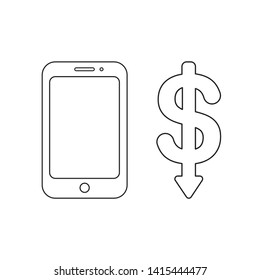 Vector icon concept of smartphone with dollar symbol arrow down. Black outlines, white background.
