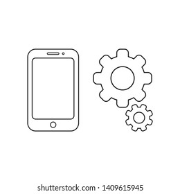 Vector icon concept of smartphone and gears. Black outlines.