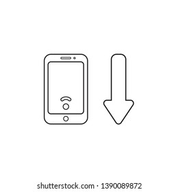 Vector icon concept of smartphone with low wireless wifi signal and arrow moving down. Black outlines.