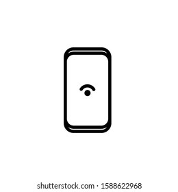 Vector icon concept of smartphone with low wireless wifi signal and arrow moving down. Black outlines.