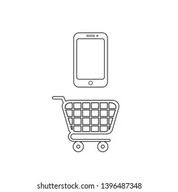 Vector icon concept of smartphone over shopping cart. Black outlines.
