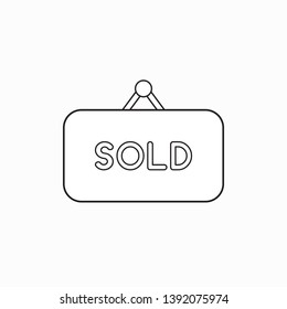 Vector icon concept of sold word written on hanging sign. Black outlines.