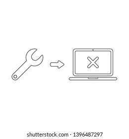 Vector icon concept of spanner with x mark inside laptop. Black outlines.