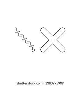 Vector icon concept of stairs with arrow pointing down and x mark. Black outlines.
