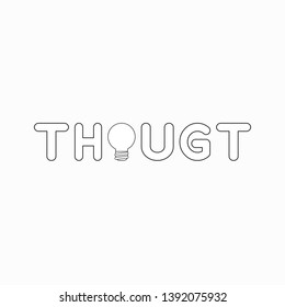 Vector icon concept of thought word with light bulb. Black outlines.