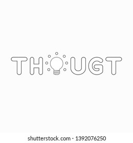 Vector icon concept of thought word with glowing light bulb. Black outlines.