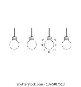 Vector icon concept of three light bulbs and one glowing light bulb idea. Black outlines.