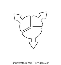 Vector icon concept of three part diagram pie infographic with three arrows. Black outlines.