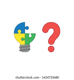 Vector icon concept of three pieces light bulb puzzle missing piece with question mark. Colored outlines.