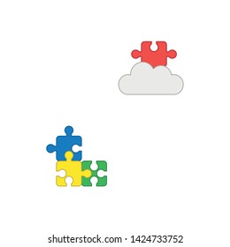 Vector icon concept of three puzzle pieces connected and missing puzzle piece on cloud. Colored outlines.