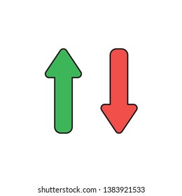 Vector icon concept of two arrows pointing up and down in green and red colors. Black outlines and colored.