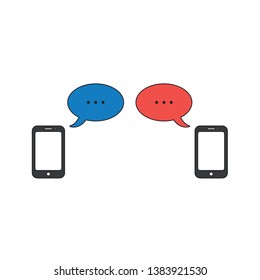 Vector Icon Concept Of Two Smartphones With Two Speech Bubbles With Three Points Symbolizing Talking. Black Outlines And Colored.