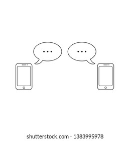 Vector Icon Concept Of Two Smartphones With Two Speech Bubbles With Three Points Symbolizing Talking. Black Outlines.